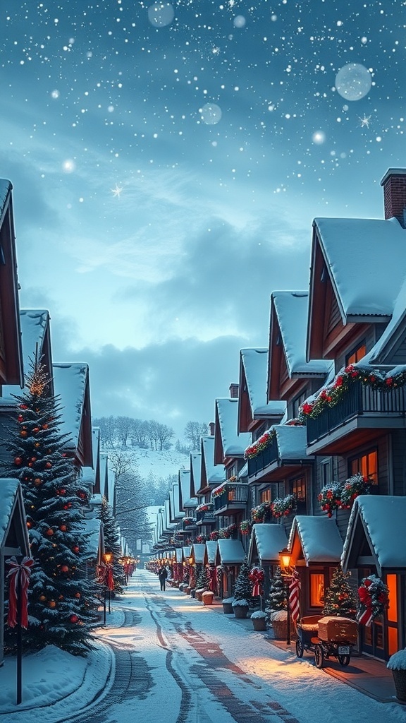 A picturesque Christmas town with snow-covered houses, festive lights, and decorated trees.